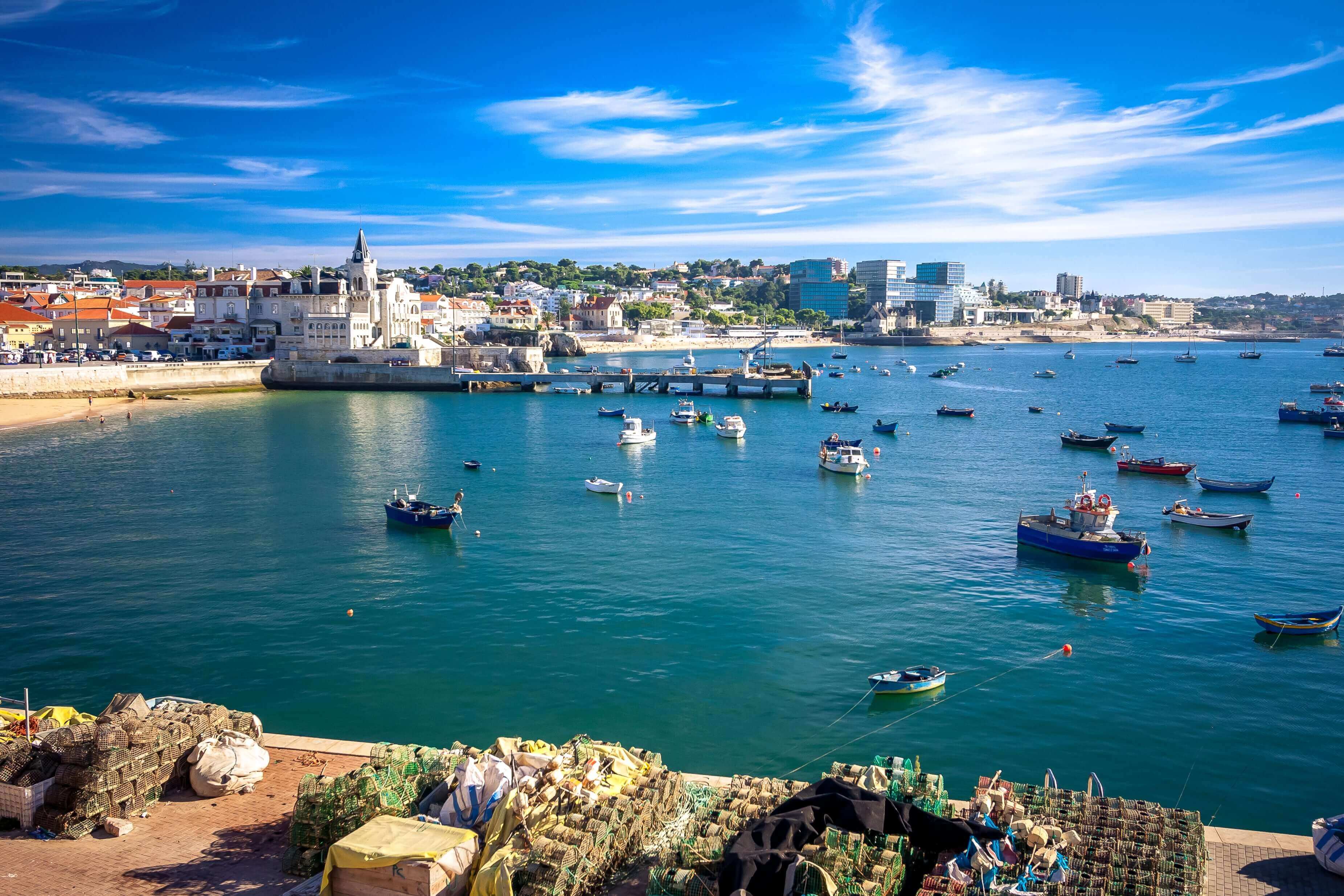 Seaside cityscape of Cascais city in summer day. Cascais municipality, Portugal